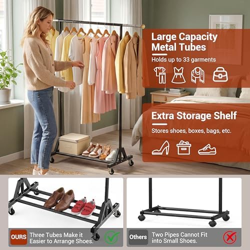 Rolling Garment Rack - Retractable Clothes Rack with Hanging Rods, Lockable W...