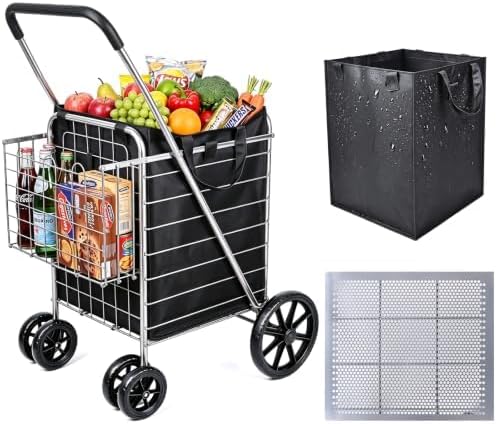 Folding Shopping Cart with Large Front Wheels, Grocery Cart with Waterproof L...