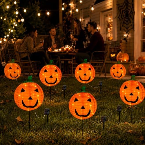 4Pack Solar Halloween Pumpkin Stake Light with 8 Lighting Modes, Fabric Lante...