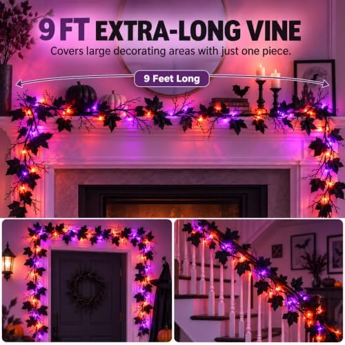 Halloween Garland with Orange & Purple Lights, 9 FT Black Maple Leaves