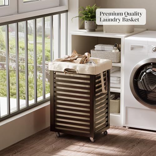 Bamboo Rolling Laundry Hamper 85L Clothes Storage Pin with Removable Liner