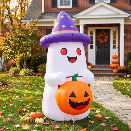 5 FT Halloween Inflatables Decor, Cute Inflatable Ghost with Pumpkin, Built-i...
