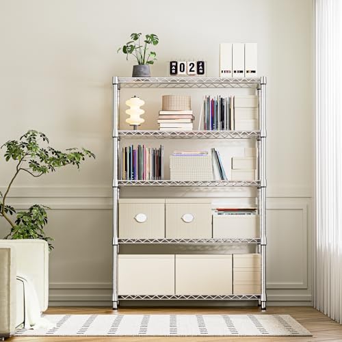 IZEUK 5-Tier Heavy Duty Metal Storage Shelving Unit (Chrome, 17.7" D x 4...