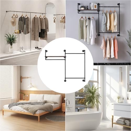 Industrial Pipe Clothing Rack, Wall Mounted Heavy Duty Garment Rack with Wood...