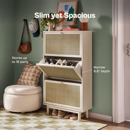 mopio Hannah Shoe Cabinet, Natural Rattan Farmhouse Shoe Storage Organizer, 3...
