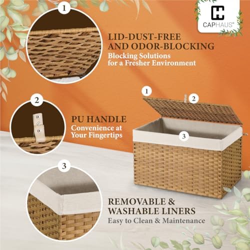 CAPHAUS Laundry Basket w/Lid, Synthetic Rattan Laundry Hamper w/Lid and Handl...