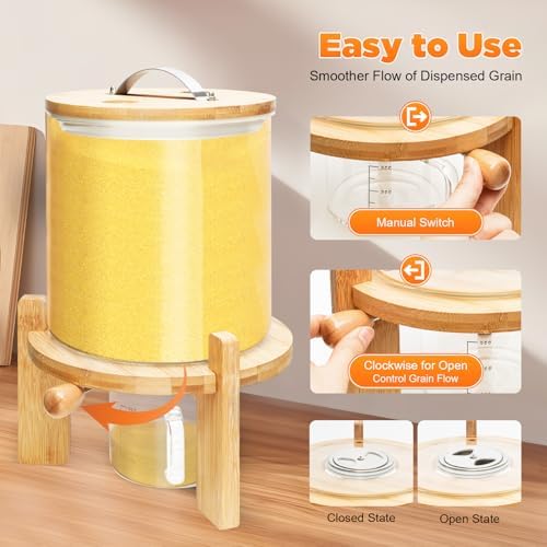 Glass Rice Dispenser, 5L Cereal Dispenser Countertop, 1.32Gal Food Storage Co...