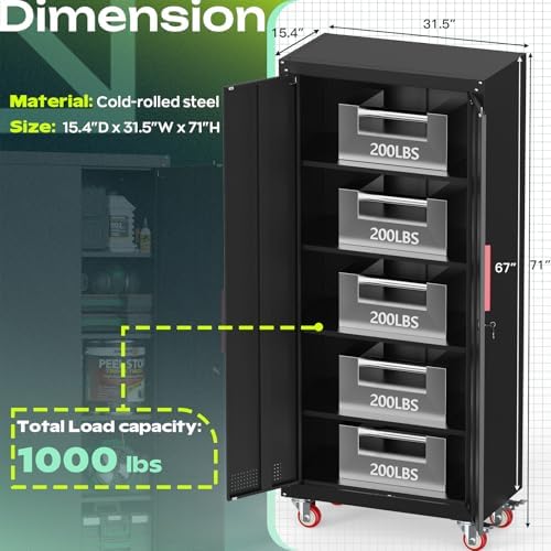Kelueo 71" Tall Metal Garage Storage Cabinet with Wheels and Locking Doors