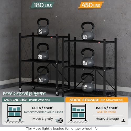DEANIC 3 Tier Foldable Storage Shelves with Wheels, Kitchen Appliance Stand, ...