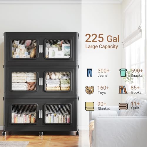 BROVIEW 900 Qt Extra Large Stackable Storage Bin with Lids, 3 Pack Black
