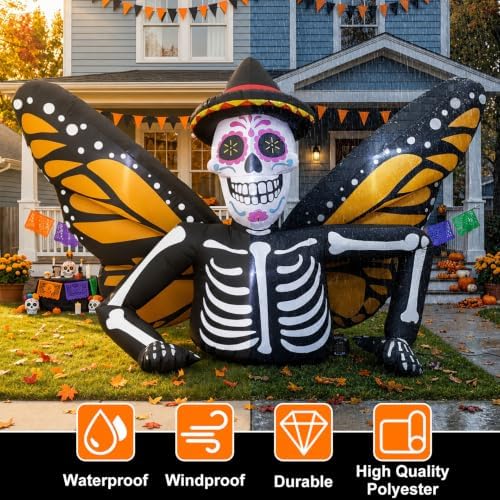 7FT Halloween Inflatables Skeleton with Butterfly Wings for Roof Yard Decor