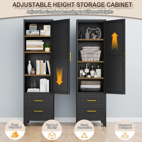 67" Tall Narrow Metal Storage Cabinet, Freestanding Pantry Organizer, Black