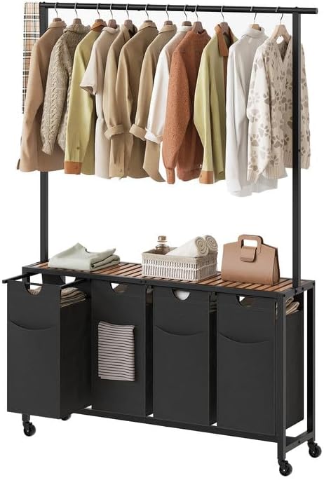 YATINEY Laundry Sorter 4 Section, Rolling Laundry Hamper with Hanging Rack, L...