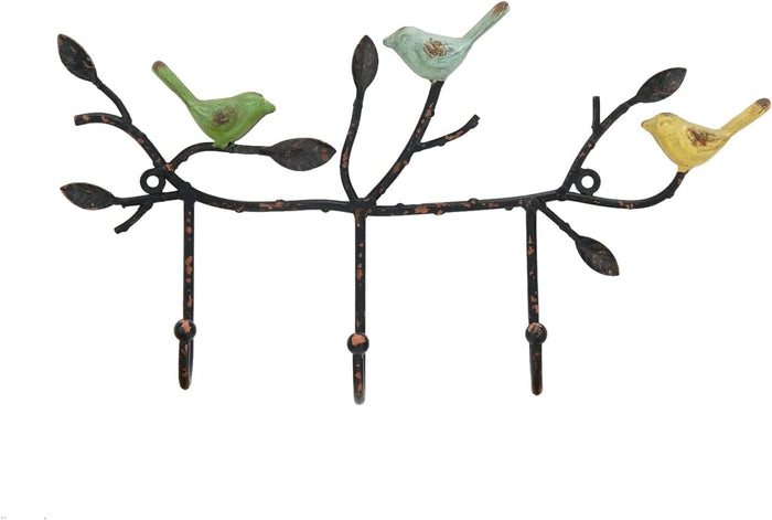 SOFFEE DESIGN Vintage Wall-Mounted Coat Rack with 3 Hooks, Birds Standing on Tree Branch with Rustic Paint Heavy Duty Wall Hanging Key Holder, Farmhouse Coat Hooks for Towels, Hats, Scarves