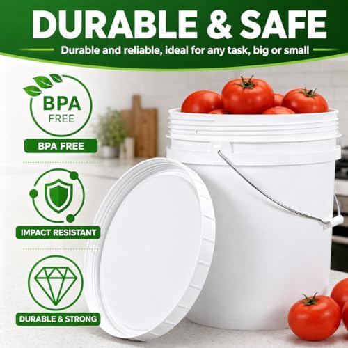 METAPACK 5 Gallon Bucket with Lid, Food Grade BPA Free Plastic, Heavy Duty wi...