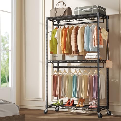NEWBULIG Heavy Duty Clothing Rack with Wheels, 3-Tier Adjustable Wire Garment...