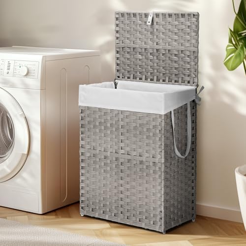 DUMOS Woven Laundry Basket with Lid, 90L Large Capacity Hamper, Removable &am...