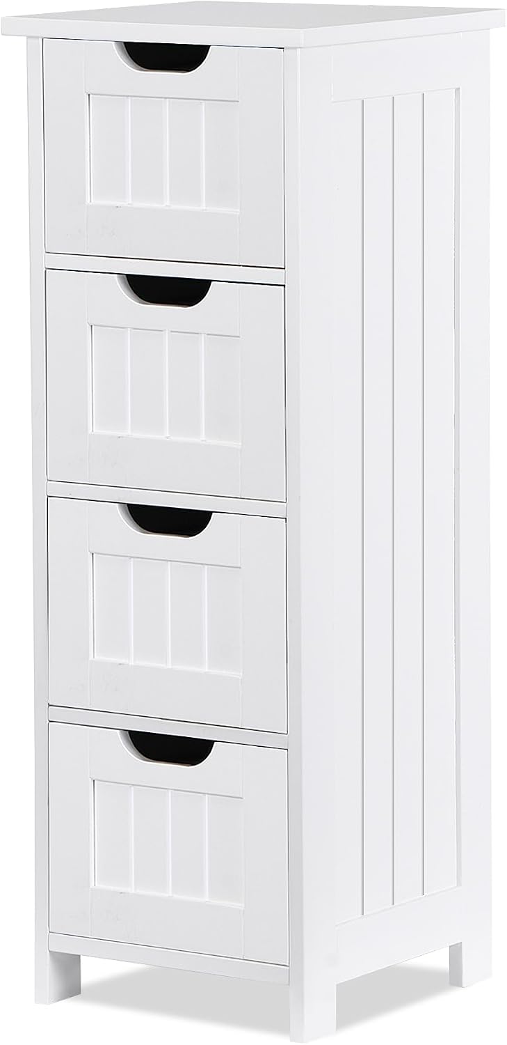 Bathroom Floor Storage Cabinet, Freestanding Wooden Side Organizer w/4 Drawer...