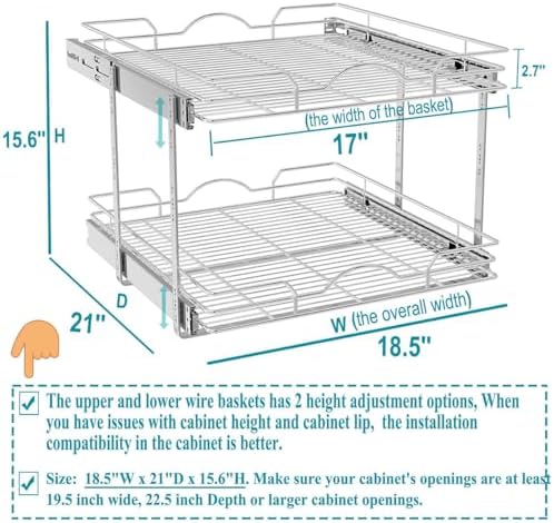 OCG 2 Tier Pull Out Cabinet Organizer (18.5" W x 21" D), Pull Out D...
