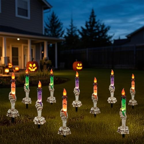 WATERGLIDE Halloween Decoration Candle Light Stakes, 10 Pack Skeleton Hands H...
