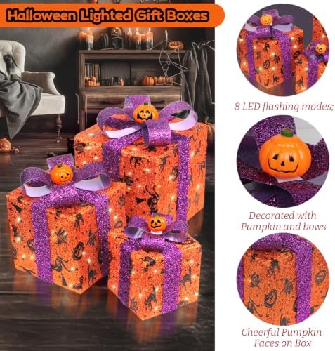 3 Pieces Lighted Boxes Halloween Decorations, Lighted Gift Boxes with Bat,Spi...