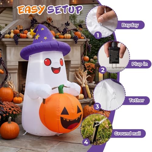 5 FT Halloween Inflatables Decor, Cute Inflatable Ghost with Pumpkin, Built-i...