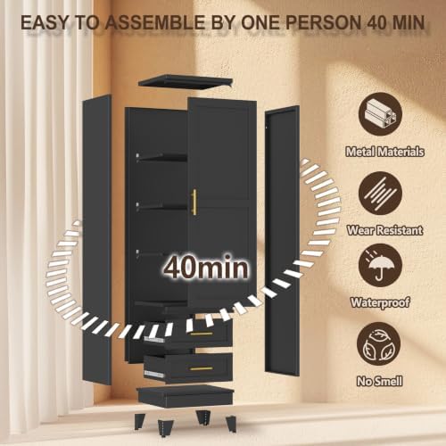 67" Tall Narrow Metal Storage Cabinet, Freestanding Pantry Organizer, Black