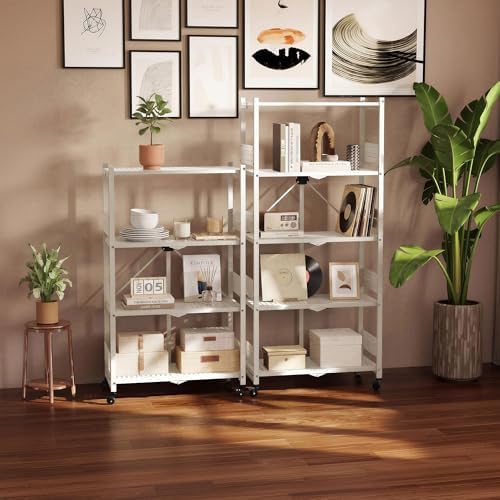 WORKPRO 4-Tier Folding Shelf, No-Assembly Metal Storage Rack with Wheels, 600...