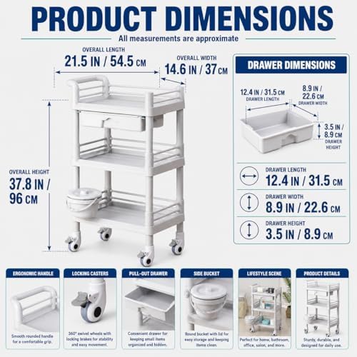 Rolling Utility Cart,Qiwey Utility Cart with Big Drawer,3-Tier Esthetician Ca...