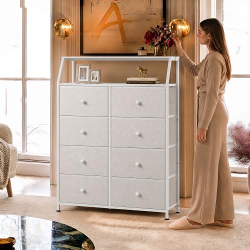 WLIVE Cream Boucle 8-Drawer Fabric Dresser Storage Tower Bedroom