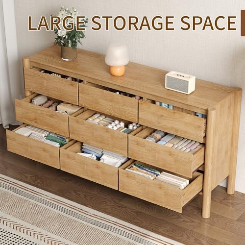 CHUWELL 63" Wide Oak 9 Drawer Dresser for Bedroom with Solid Wood Legs