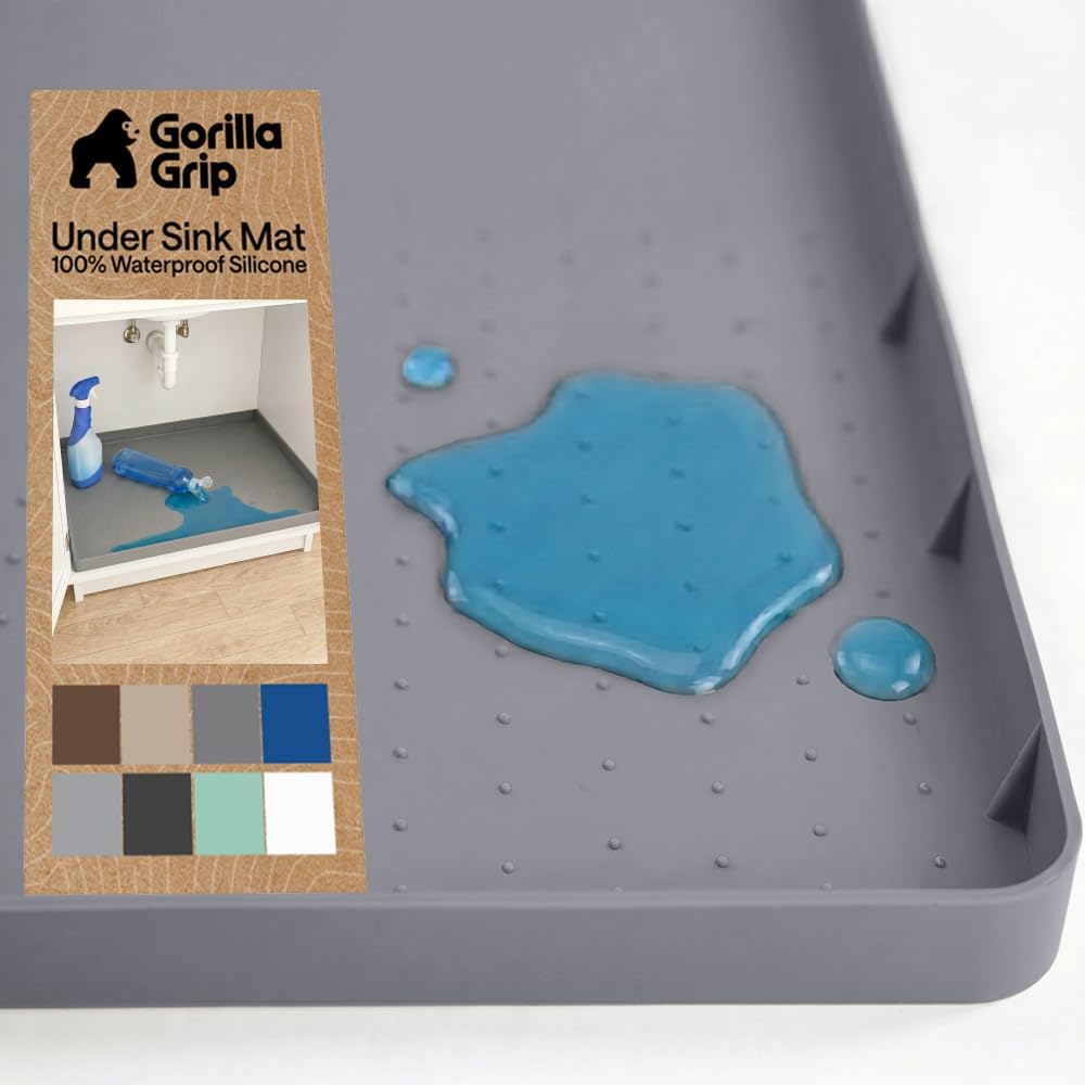 GORILLA GRIP Waterproof Silicone Under Sink Mat, Stay in Place, 34x22 Gray