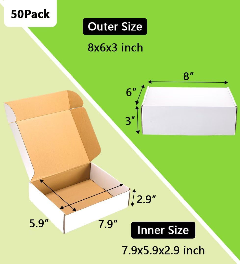 8x6x3 inches Shipping Boxes 50 Pack,TUKYLIL White Corrugated Cardboard Box,Ma...