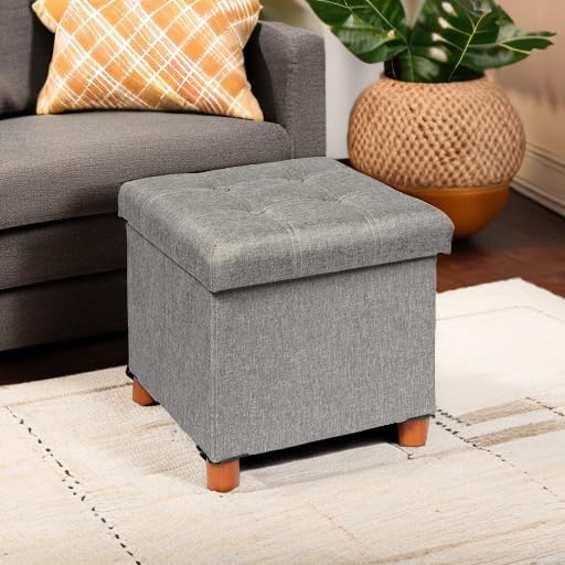 B FSOBEIIALEO 15" Square Storage Ottoman with Tray, Wood Legs, Linen Grey