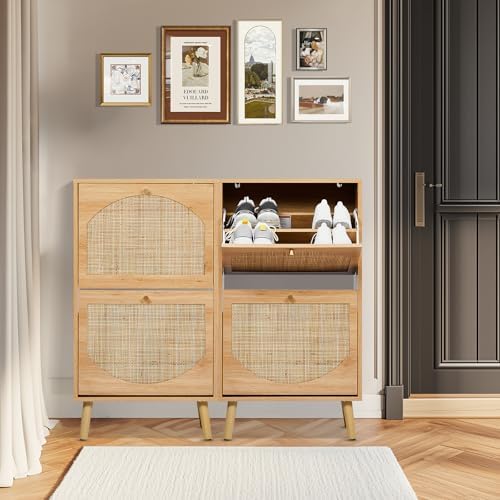 Karl home Natural Rattan Shoe Cabinet, 2 Flip Drawer Entryway Organizer