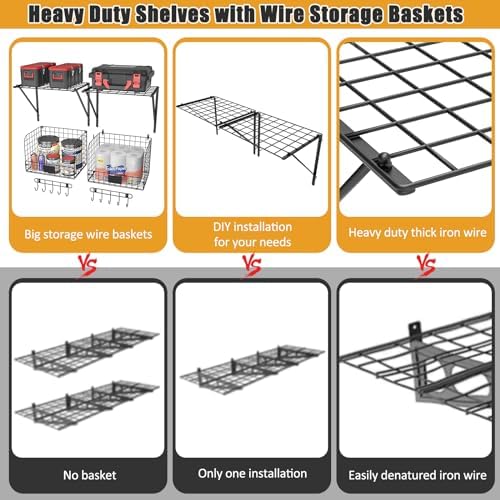ThreeHio 2 Pack Garage Shelves Wall Mounted with Wire Baskets, Heavy Duty Gar...