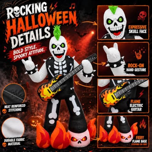 6.2FT Halloween Rock Music Skeleton Inflatable with LED Flame Guitar Decor