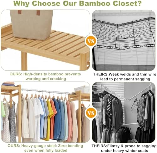 Homykic Bamboo 74"-88" Expandable Clothing Rack with 5 Hang Rods, 5...