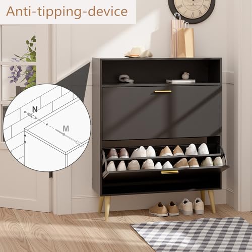 LYNSOM Modern Entryway Shoe Cabinet with 2 Flip Drawers and Open Storage, Bla...