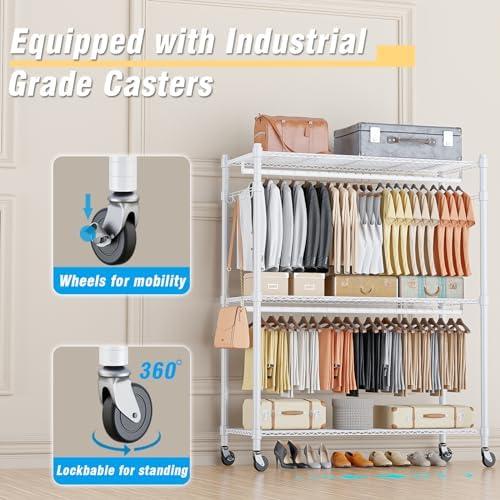 Homdox 3 Tier Garment Rack with Wheels, Portable Closets for Hanging Clothes ...