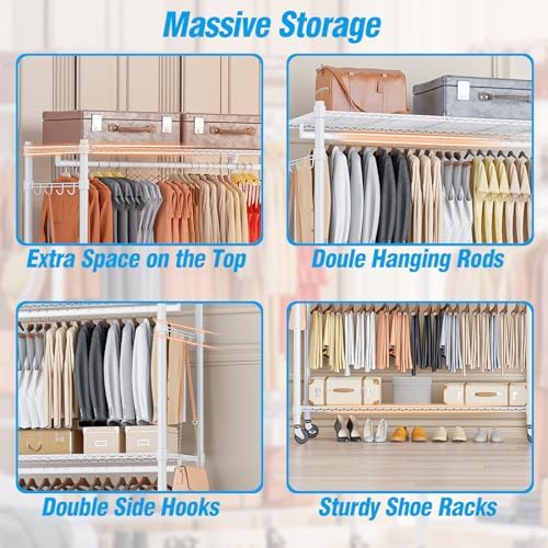 Homdox 3 Tier Garment Rack with Wheels, Portable Closets for Hanging Clothes ...