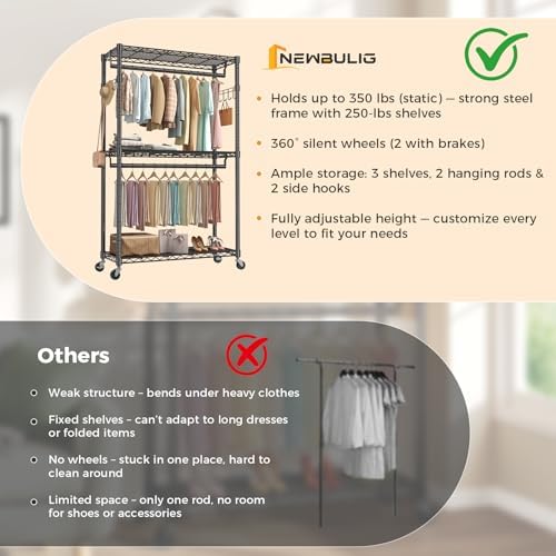 NEWBULIG Heavy Duty Clothing Rack with Wheels, 3-Tier Adjustable Wire Garment...