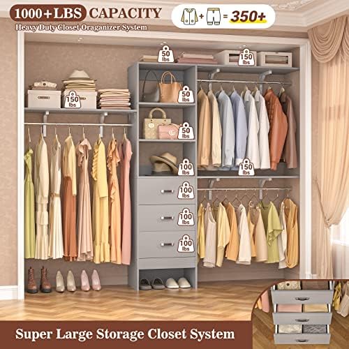 iSunirm 8FT Closet System, 96'' Closet Organizer System with 3 Hangin...