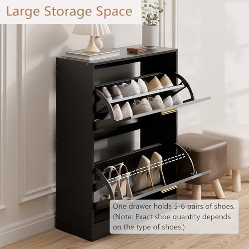 LYNSOM Entryway Shoe Cabinet Set of 2 with 2 Flip Drawers and Top Display, Bl...