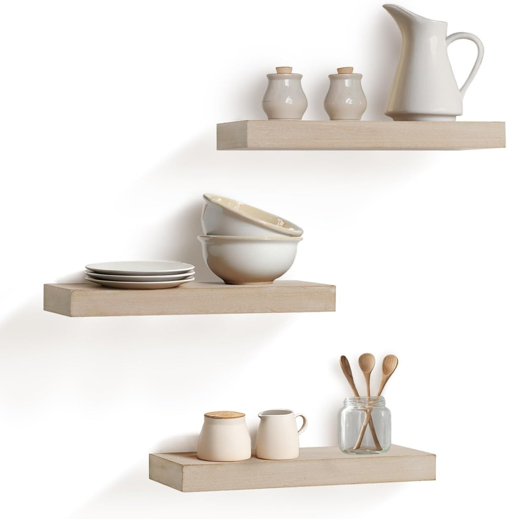 AHDECOR Floating Shelves, Wall Mounted Set of 3 Rustic Wooden Ledge Shelves D...