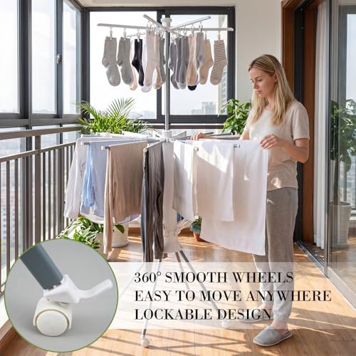 Sintuff 3 Tier Clothes Drying Rack with Wheels, Foldable Garment Rack