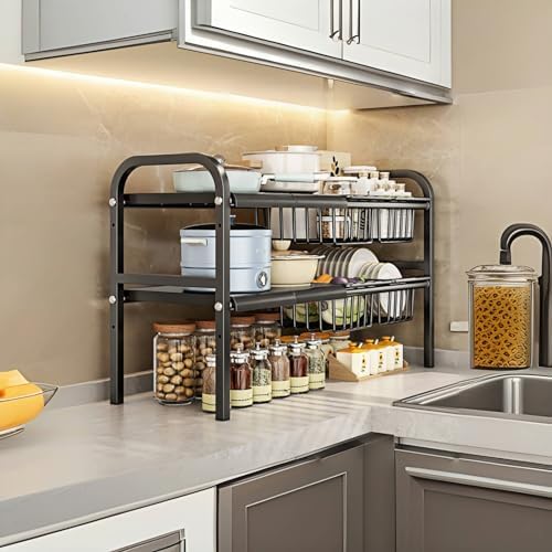 Under Sink Organizer，2 Tier Expandable Heavy Duty Metal Shelf，with 5 Removabl...