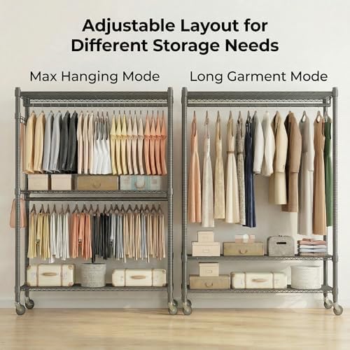 Homdox Rolling Clothes Rack Heavy Duty, 3-Tier Adjustable Wire Shelving Garme...