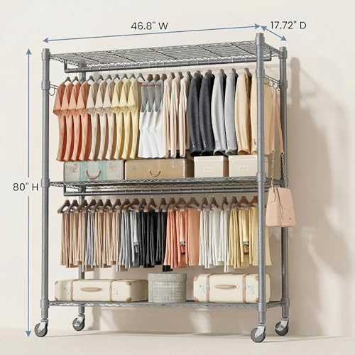 Homdox Rolling Clothes Rack Heavy Duty, 3-Tier Adjustable Wire Shelving Garme...