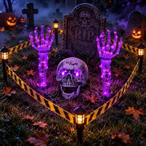 Halloween Skeleton Decorations Outdoor, Light Up Skull Head & Skeleton Ha...